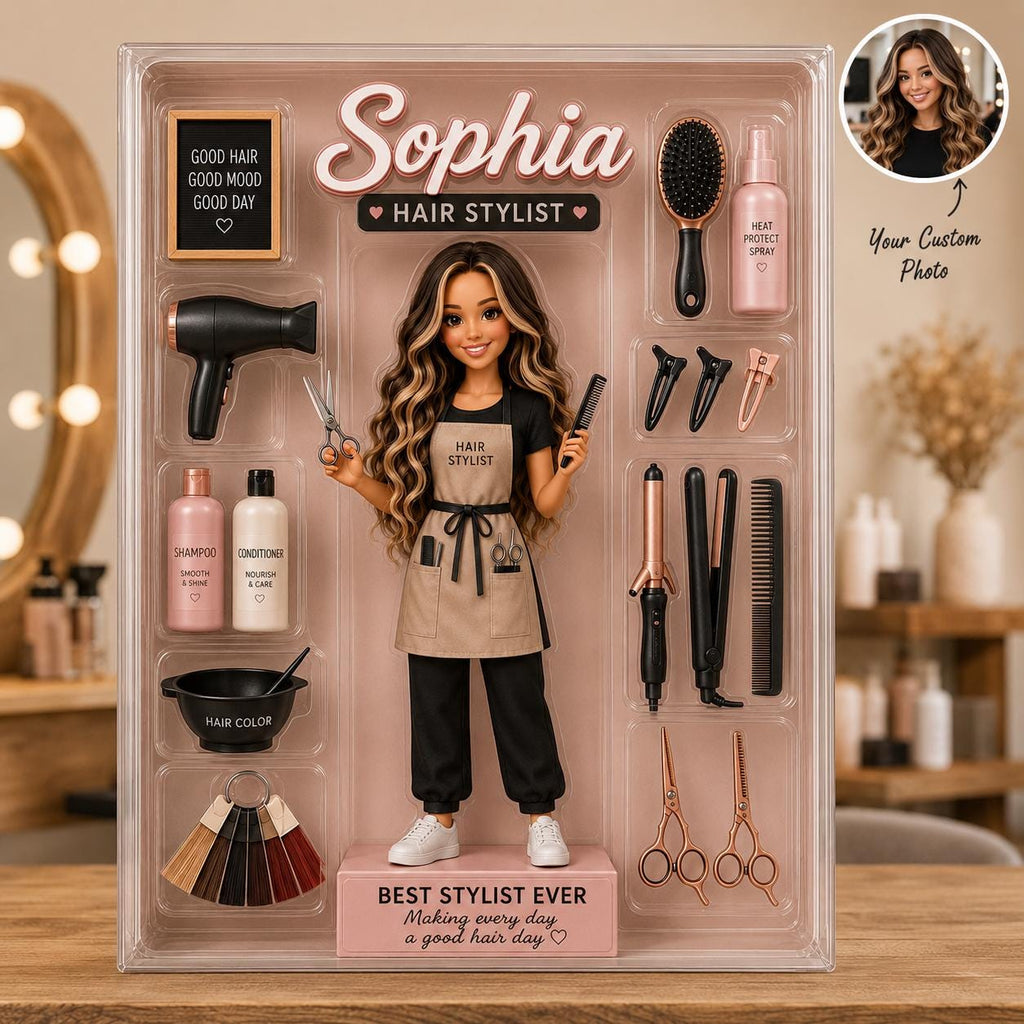 Custom Hair Stylist Acrylic Plaque, Personalized Hairstylist Figure Gift, Salon Station Decor, Hairdresser Appreciation Gift