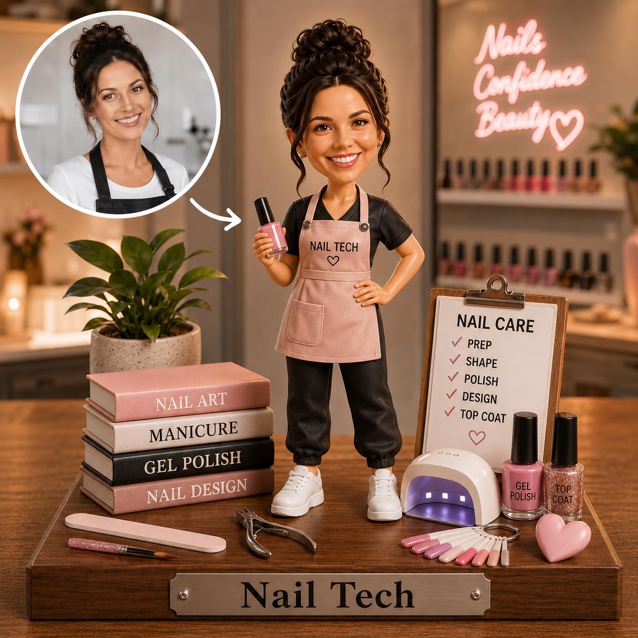 2D PRINTED Personalized Nail Tech Custom Figure Wooden Block, 2D Printed Portrait Gift for Nail Artist, Manicurist, Salon Owner Decor