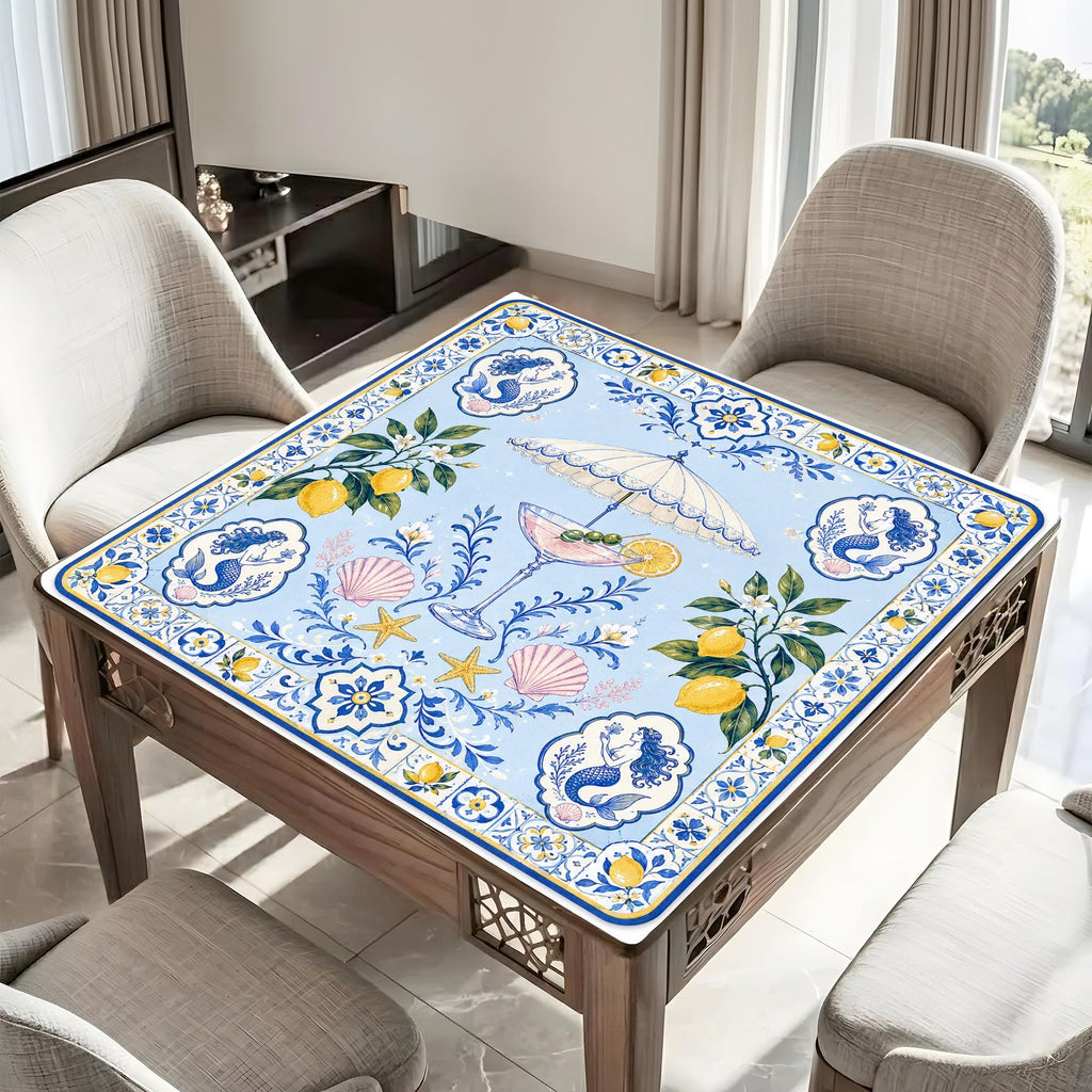 Mahjong Mat, Amalfi Coast Lemon Mahjong Mat, Blue Portuguese Tile Game Mat, Coastal Cocktail Table Cover, Mediterranean Mahjong Gift