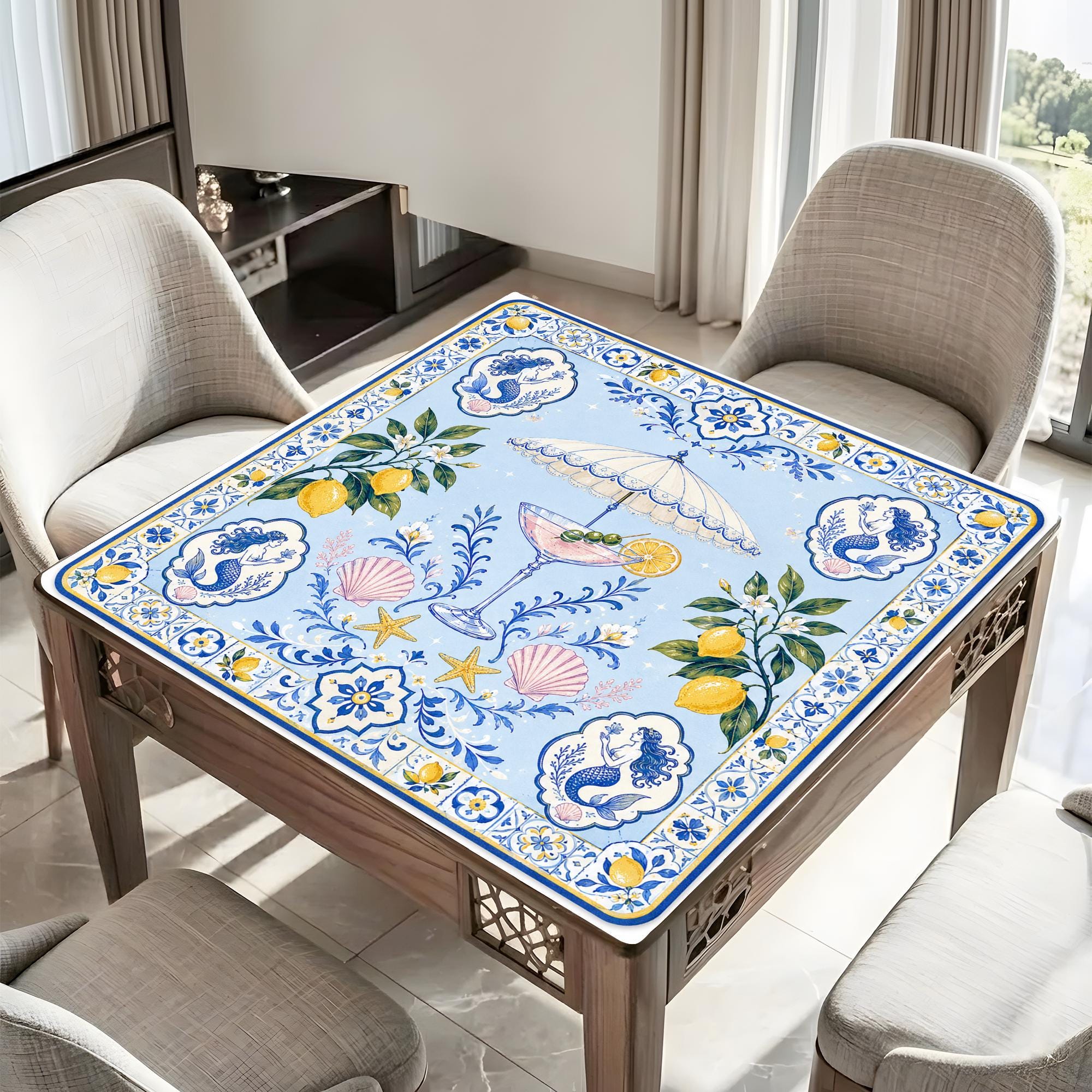 Mahjong Mat, Amalfi Coast Lemon Mahjong Mat, Blue Portuguese Tile Game Mat, Coastal Cocktail Table Cover, Mediterranean Mahjong Gift