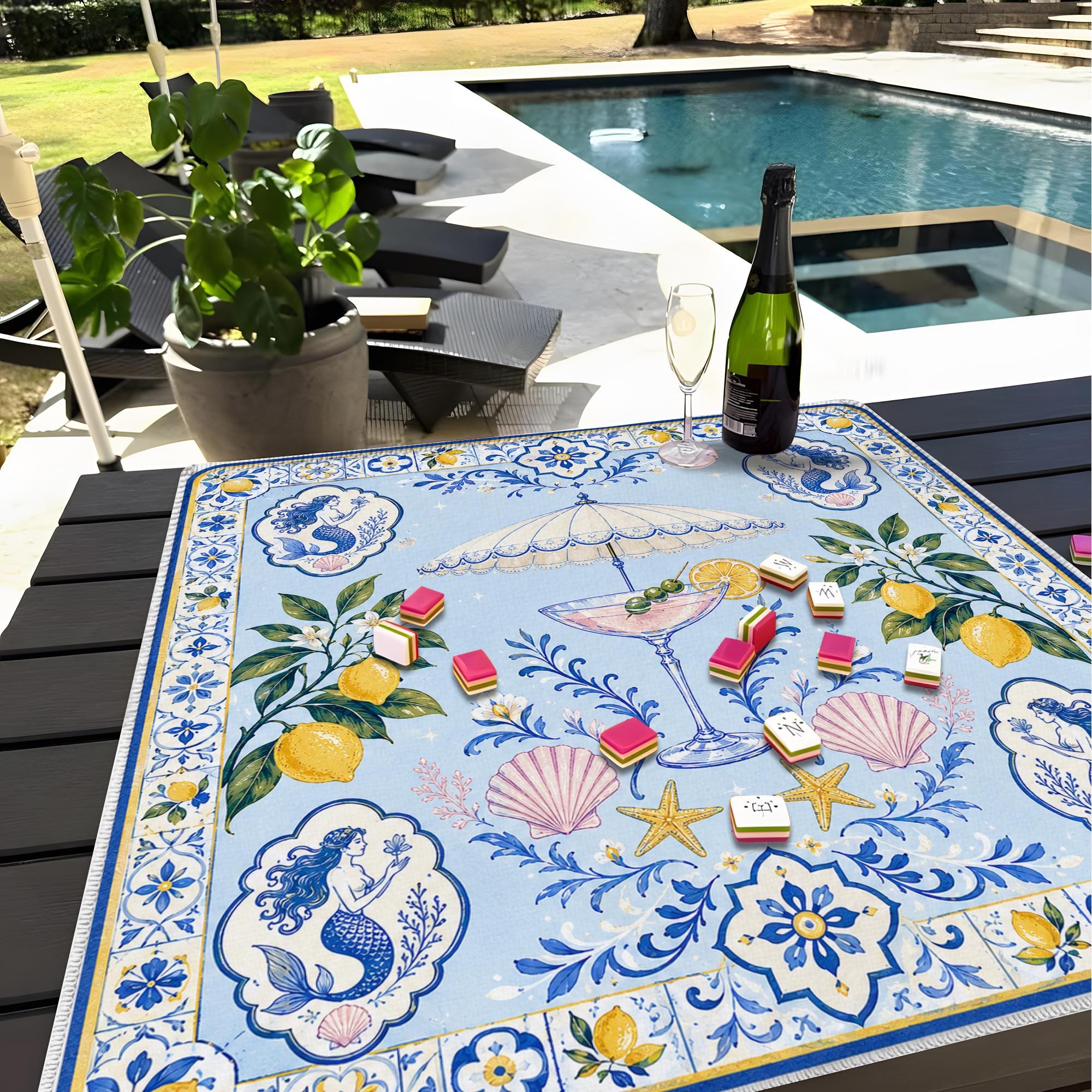 Mahjong Mat, Amalfi Coast Lemon Mahjong Mat, Blue Portuguese Tile Game Mat, Coastal Cocktail Table Cover, Mediterranean Mahjong Gift