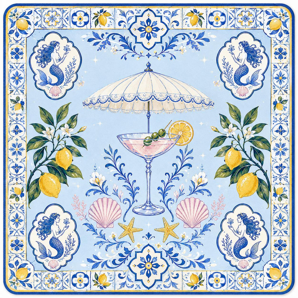 Mahjong Mat, Amalfi Coast Lemon Mahjong Mat, Blue Portuguese Tile Game Mat, Coastal Cocktail Table Cover, Mediterranean Mahjong Gift