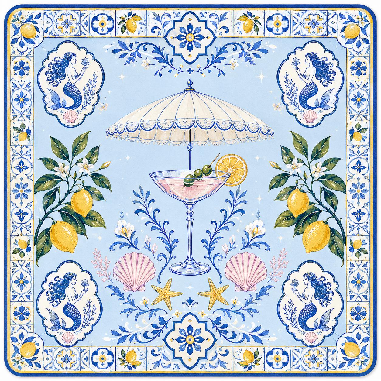 Mahjong Mat, Amalfi Coast Lemon Mahjong Mat, Blue Portuguese Tile Game Mat, Coastal Cocktail Table Cover, Mediterranean Mahjong Gift