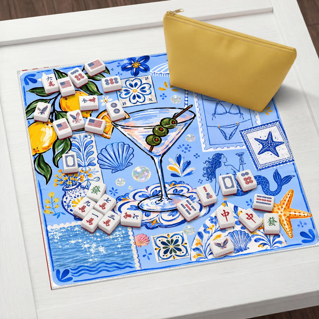 Mediterranean Cocktail Mahjong Mat, Amalfi Coast Lemon Mahjong Mat, Coastal Blue Tile Game Mat, Martini Beach Table Cover, Summer Mahjong