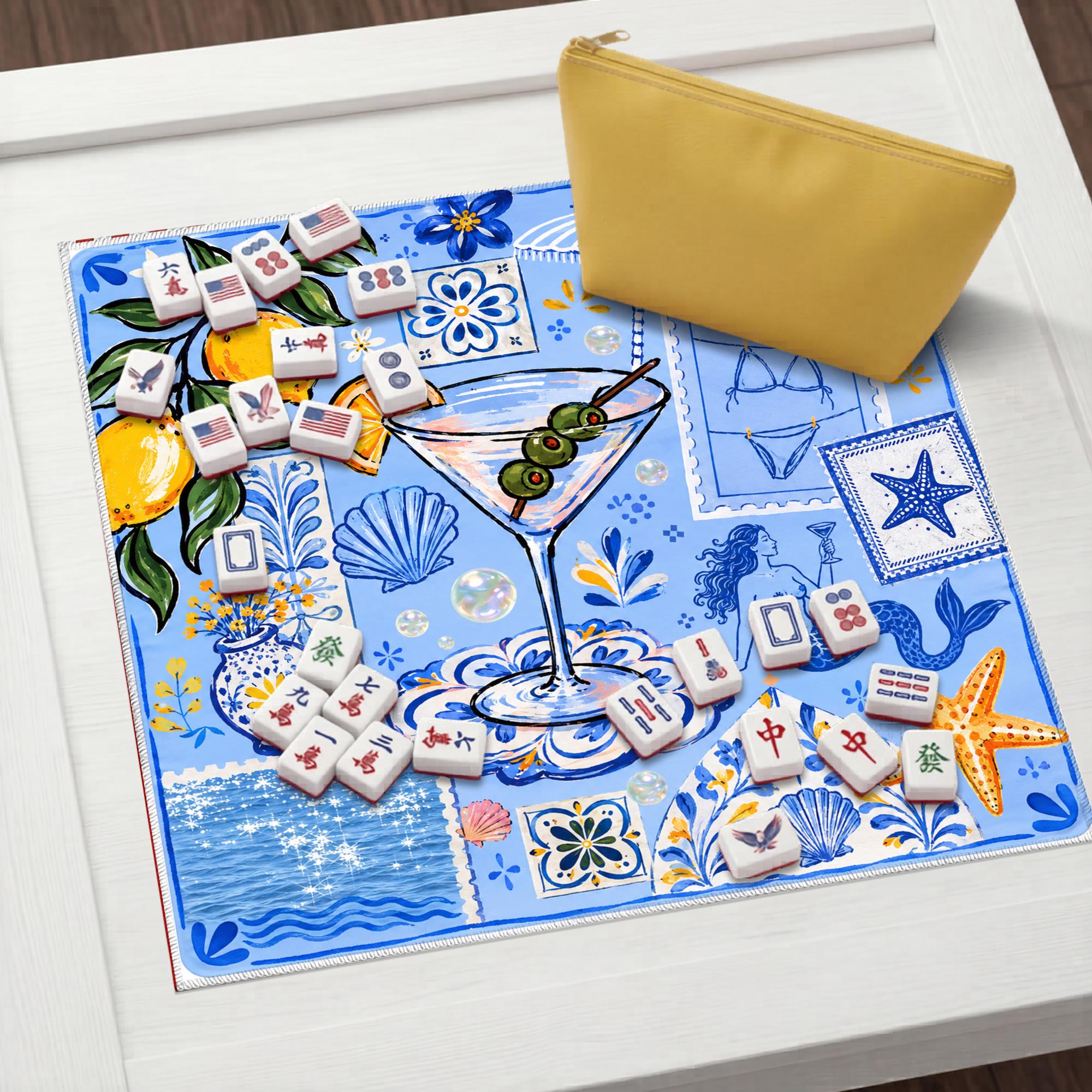 Mediterranean Cocktail Mahjong Mat, Amalfi Coast Lemon Mahjong Mat, Coastal Blue Tile Game Mat, Martini Beach Table Cover, Summer Mahjong
