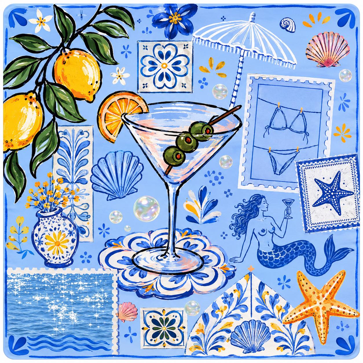 Mediterranean Cocktail Mahjong Mat, Amalfi Coast Lemon Mahjong Mat, Coastal Blue Tile Game Mat, Martini Beach Table Cover, Summer Mahjong