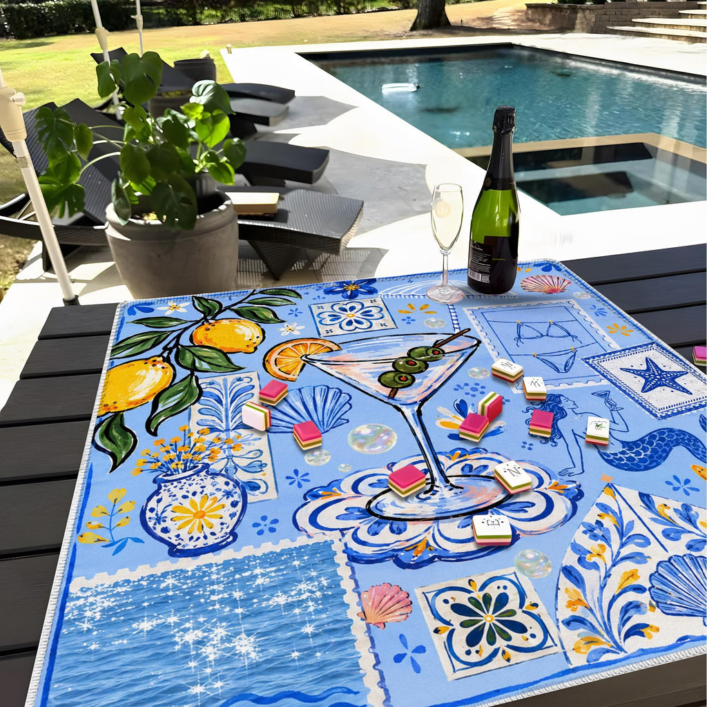 Mediterranean Cocktail Mahjong Mat, Amalfi Coast Lemon Mahjong Mat, Coastal Blue Tile Game Mat, Martini Beach Table Cover, Summer Mahjong