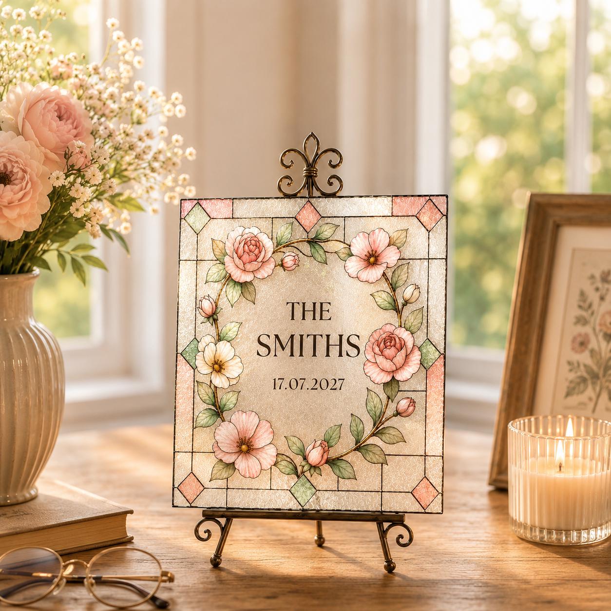 Personalized Wedding Real Glass Printed Suncatcher, Custom Family Name Welcome Sign, Floral Stained Glass Window Decor, Couple Gift