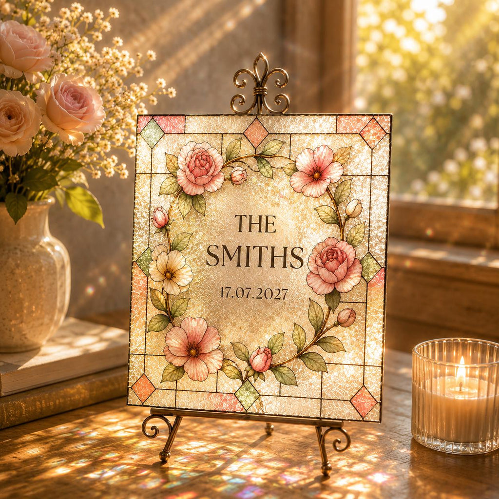 Personalized Wedding Real Glass Printed Suncatcher, Custom Family Name Welcome Sign, Floral Stained Glass Window Decor, Couple Gift