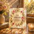Personalized Wedding Real Glass Printed Suncatcher, Custom Family Name Welcome Sign, Floral Stained Glass Window Decor, Couple Gift