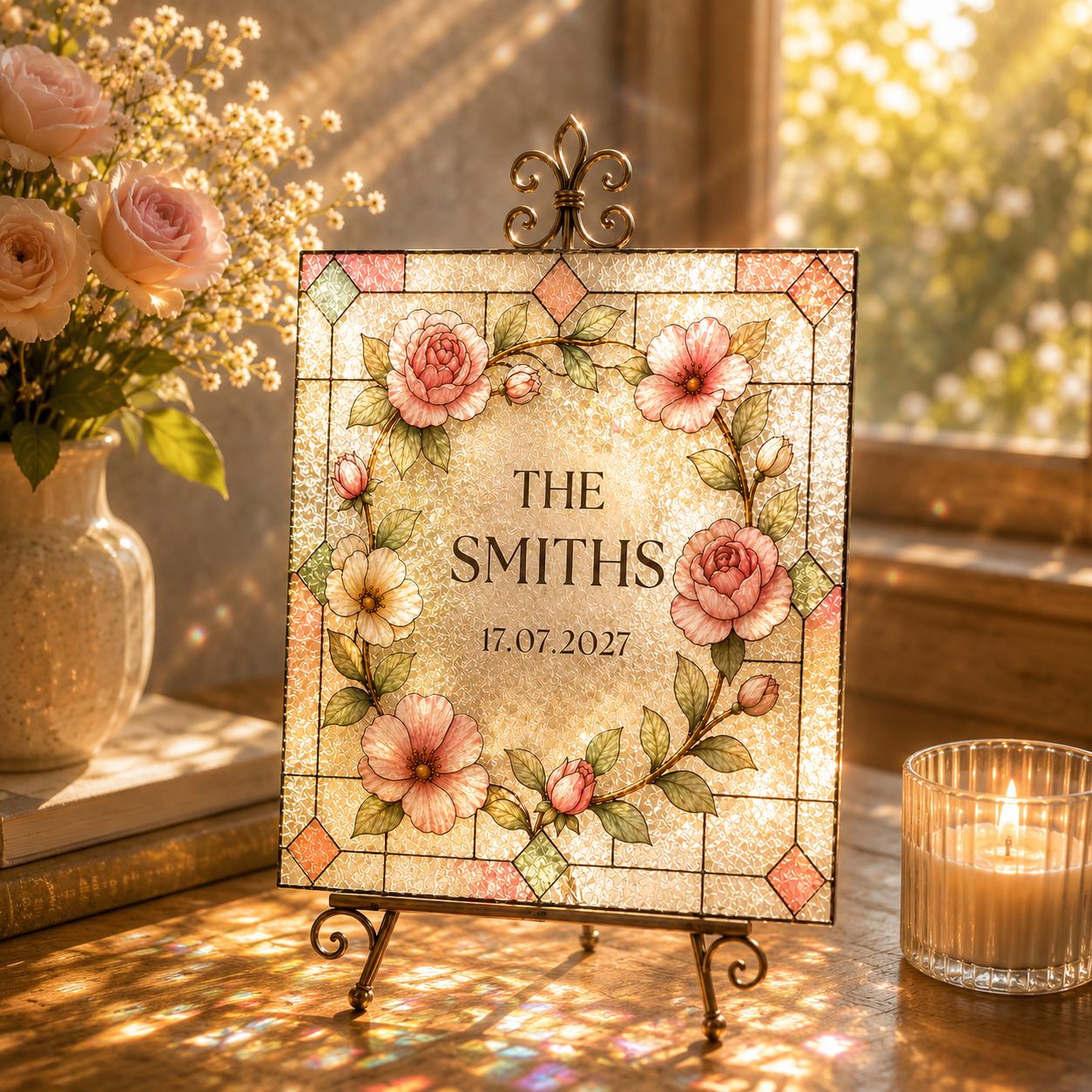 Personalized Wedding Real Glass Printed Suncatcher, Custom Family Name Welcome Sign, Floral Stained Glass Window Decor, Couple Gift