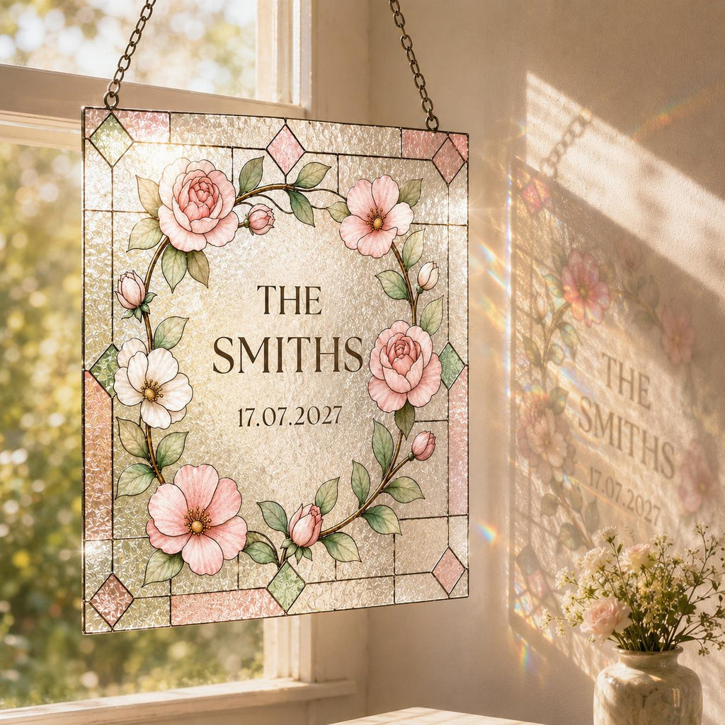 Personalized Wedding Real Glass Printed Suncatcher, Custom Family Name Welcome Sign, Floral Stained Glass Window Decor, Couple Gift