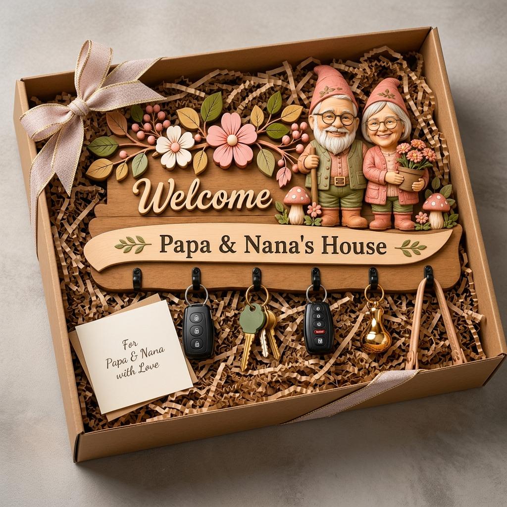 Personalized Photo Key Holder for Wall, Custom Papa and Nana Wooden Key Hanger, Layered Family Name Sign, Grandparents Housewarming Gift