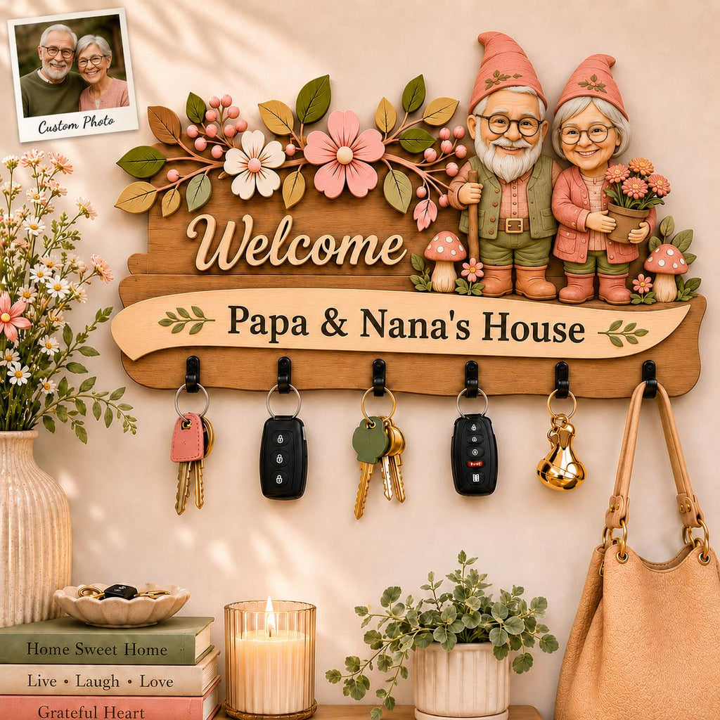 Personalized Photo Key Holder for Wall, Custom Papa and Nana Wooden Key Hanger, Layered Family Name Sign, Grandparents Housewarming Gift