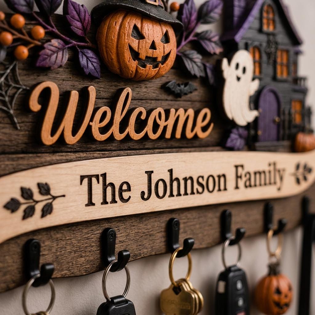 Personalized Halloween Key Holder for Wall, Custom Family Name Wooden Key Hanger, Haunted House Entryway Decor, Spooky Housewarming Gift