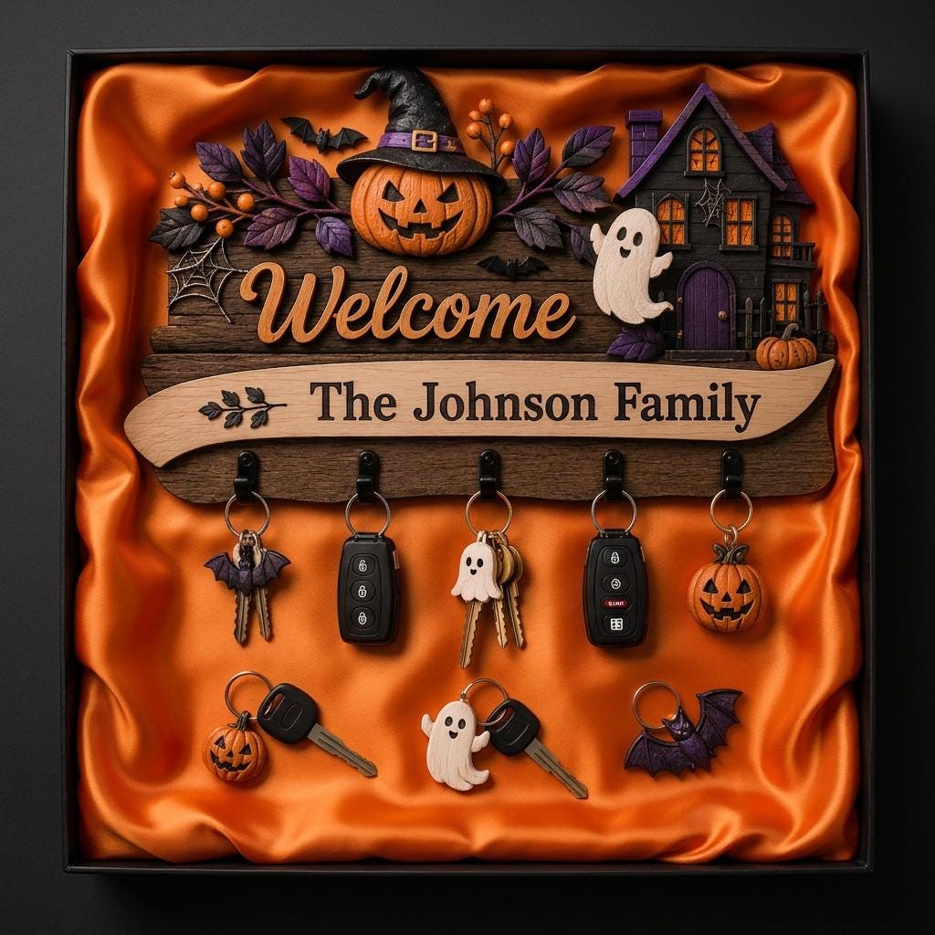 Personalized Halloween Key Holder for Wall, Custom Family Name Wooden Key Hanger, Haunted House Entryway Decor, Spooky Housewarming Gift