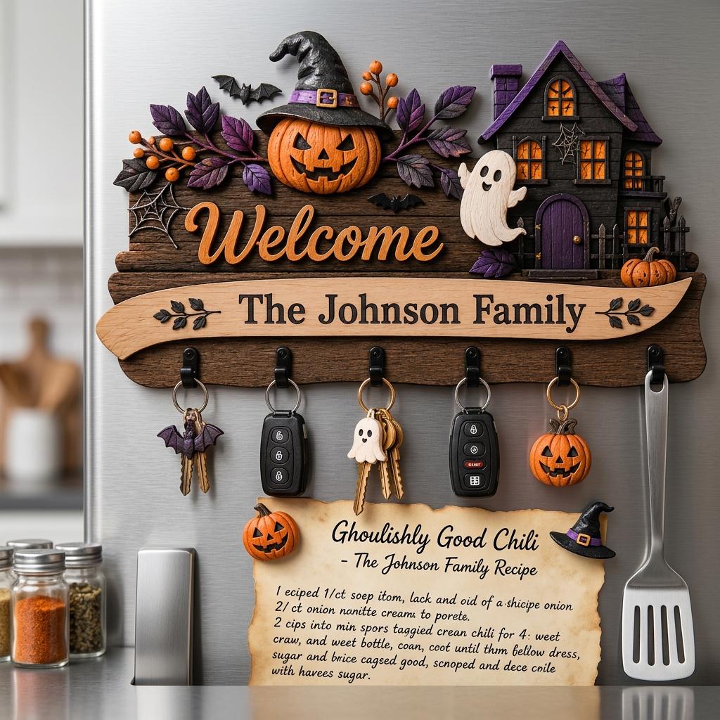 Personalized Halloween Key Holder for Wall, Custom Family Name Wooden Key Hanger, Haunted House Entryway Decor, Spooky Housewarming Gift