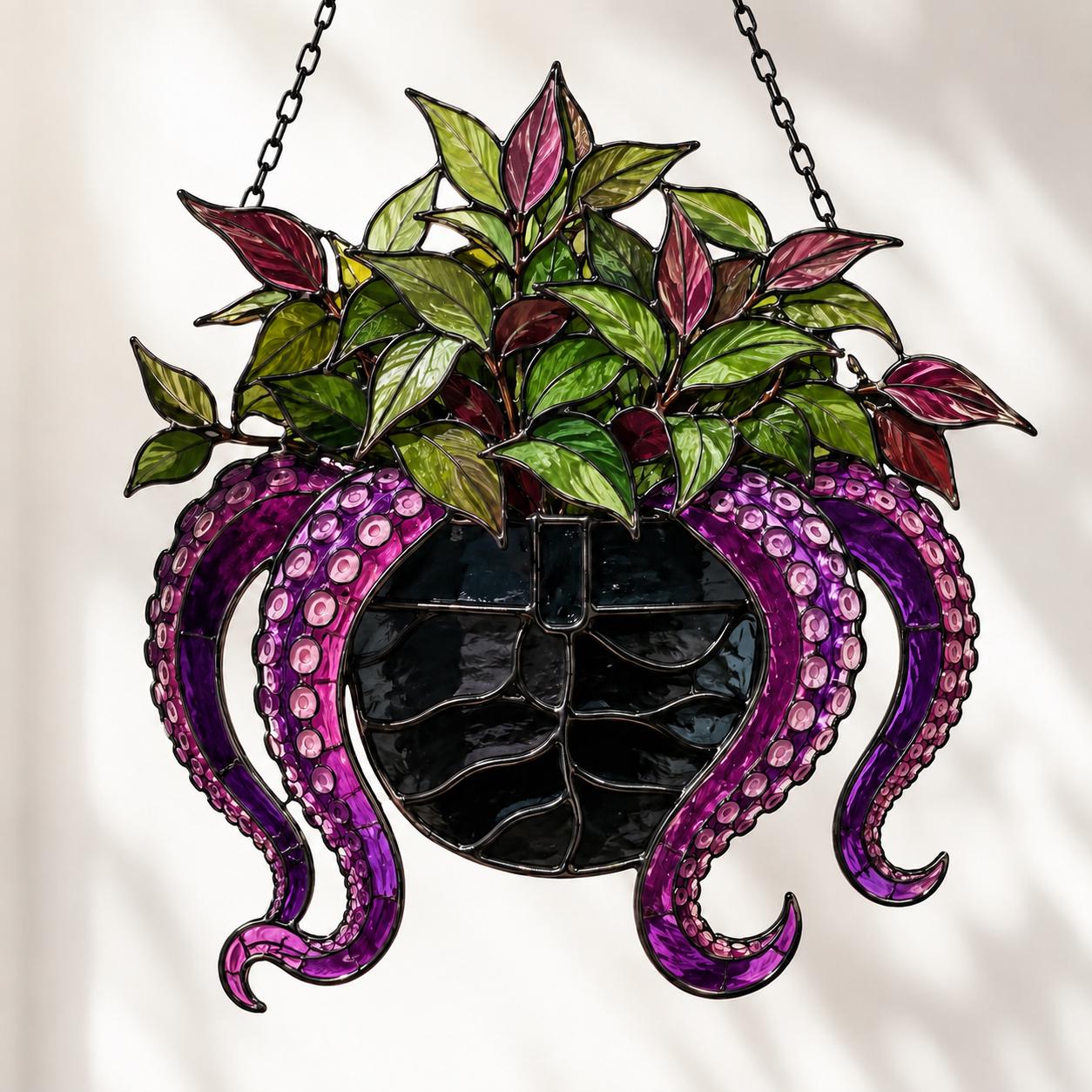 Gothic Octopus Planter Faux Stained Glass Suncatcher, Purple Kraken Window Hanging, Spooky Botanical Decor, Plant Mom Gift