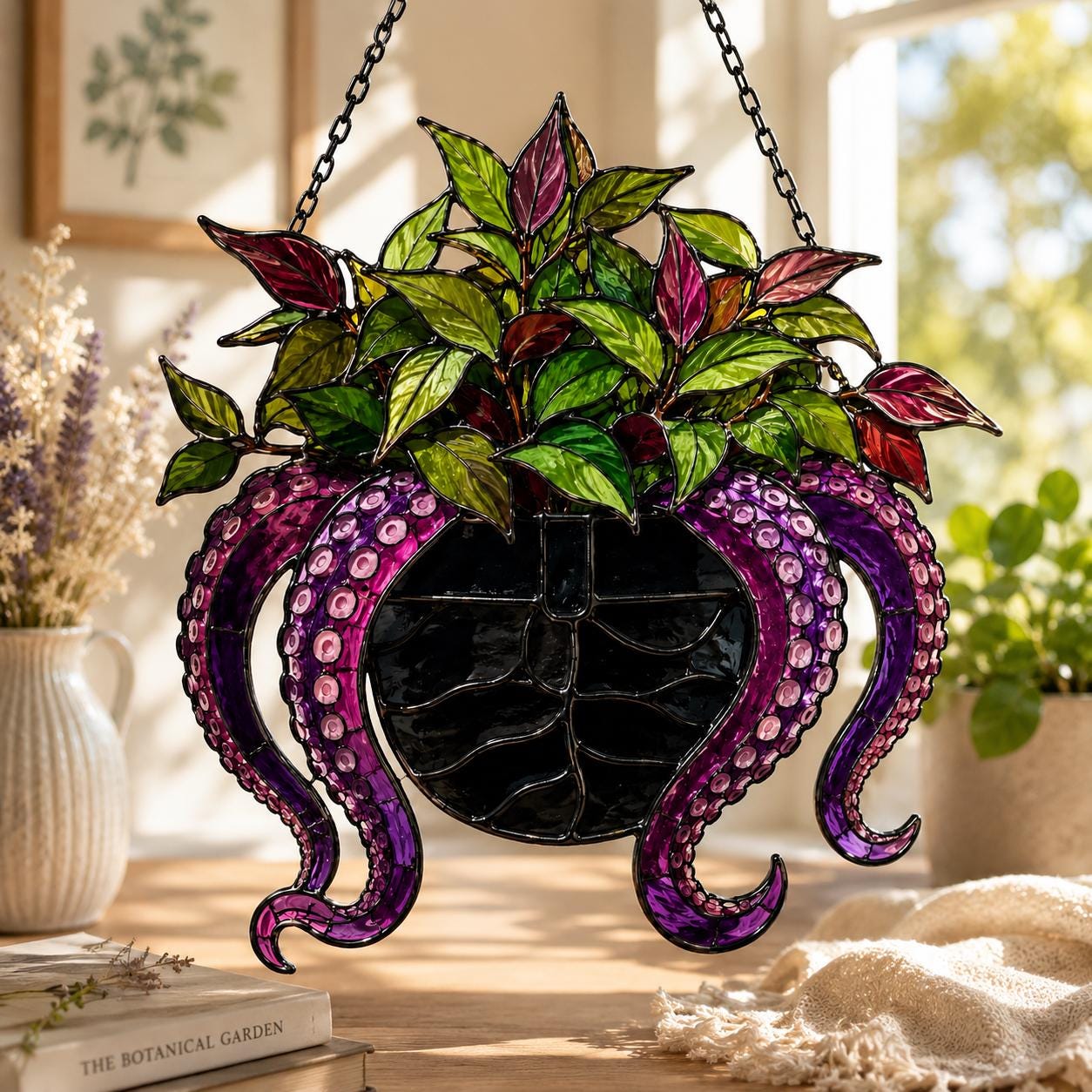 Gothic Octopus Planter Faux Stained Glass Suncatcher, Purple Kraken Window Hanging, Spooky Botanical Decor, Plant Mom Gift