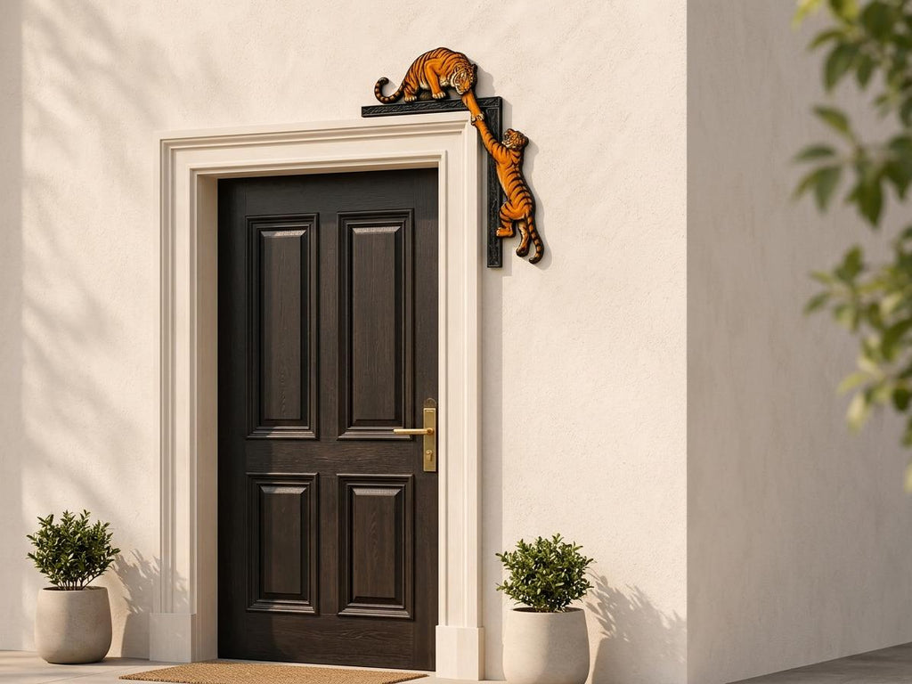 Tiger Door Corner Wooden Sign, Playful Climbing Tigers Door Frame Decor, Wildlife Home Accent, Jungle Animal Gift