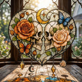 Gothic Skull Love Faux Stained Glass Suncatcher, Skeleton Couple Heart Window Decor, Rose Moon Hanging, Anniversary Gift