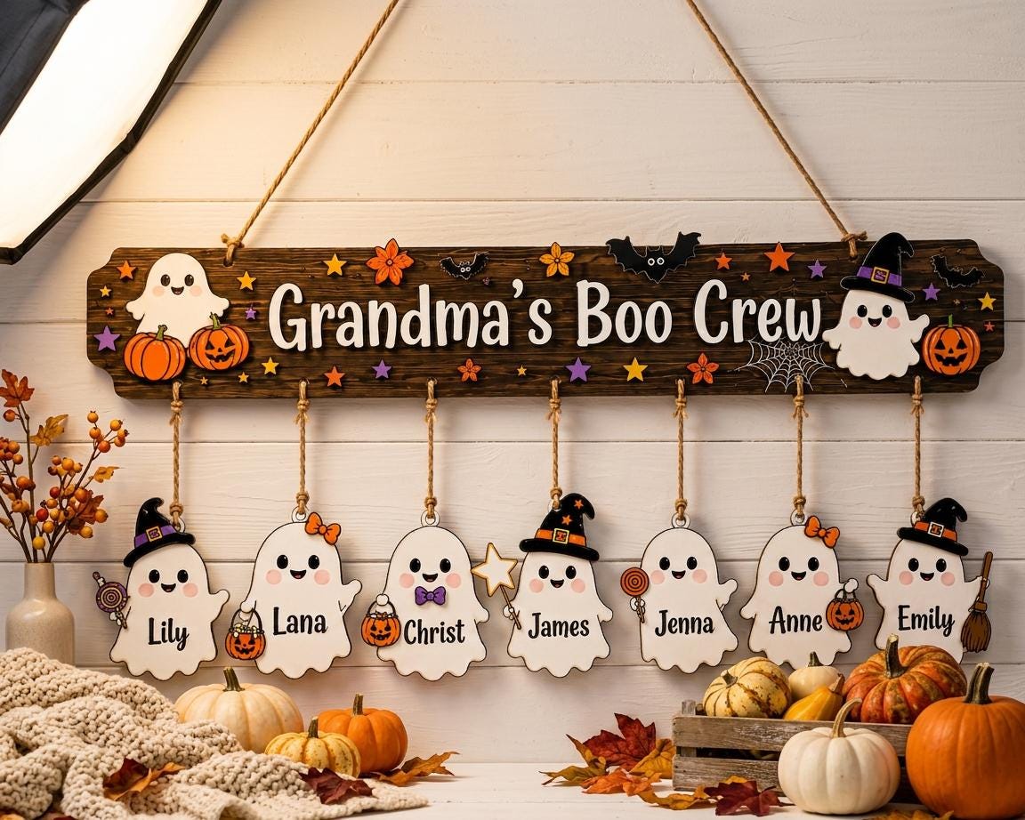 Custom Halloween Wooden Sign with Names, Grandma Boo Crew Ghost Decor, Personalized Grandchildren Hanging Plaque, Fall Gift