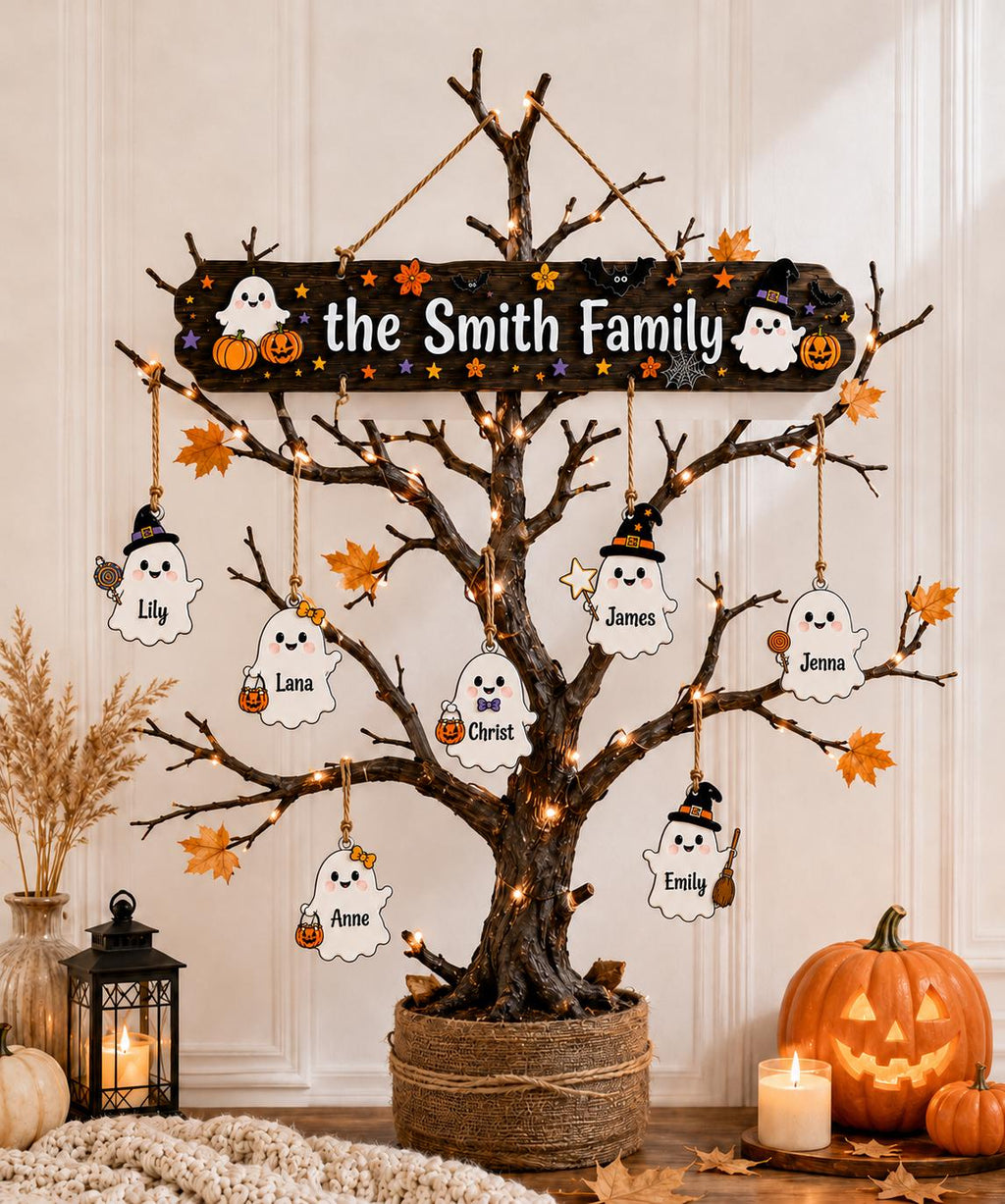 Custom Halloween Wooden Sign with Names, Grandma Boo Crew Ghost Decor, Personalized Grandchildren Hanging Plaque, Fall Gift