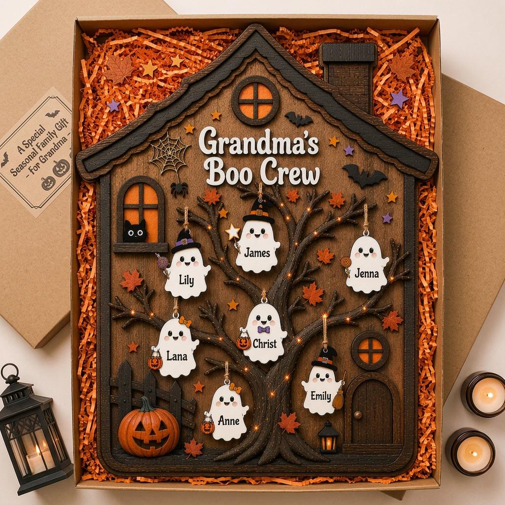 Custom Boo Crew Wooden Plaque with Names, Personalized Ghost Family Tree, Halloween Haunted House Sign, Spooky Family Gift